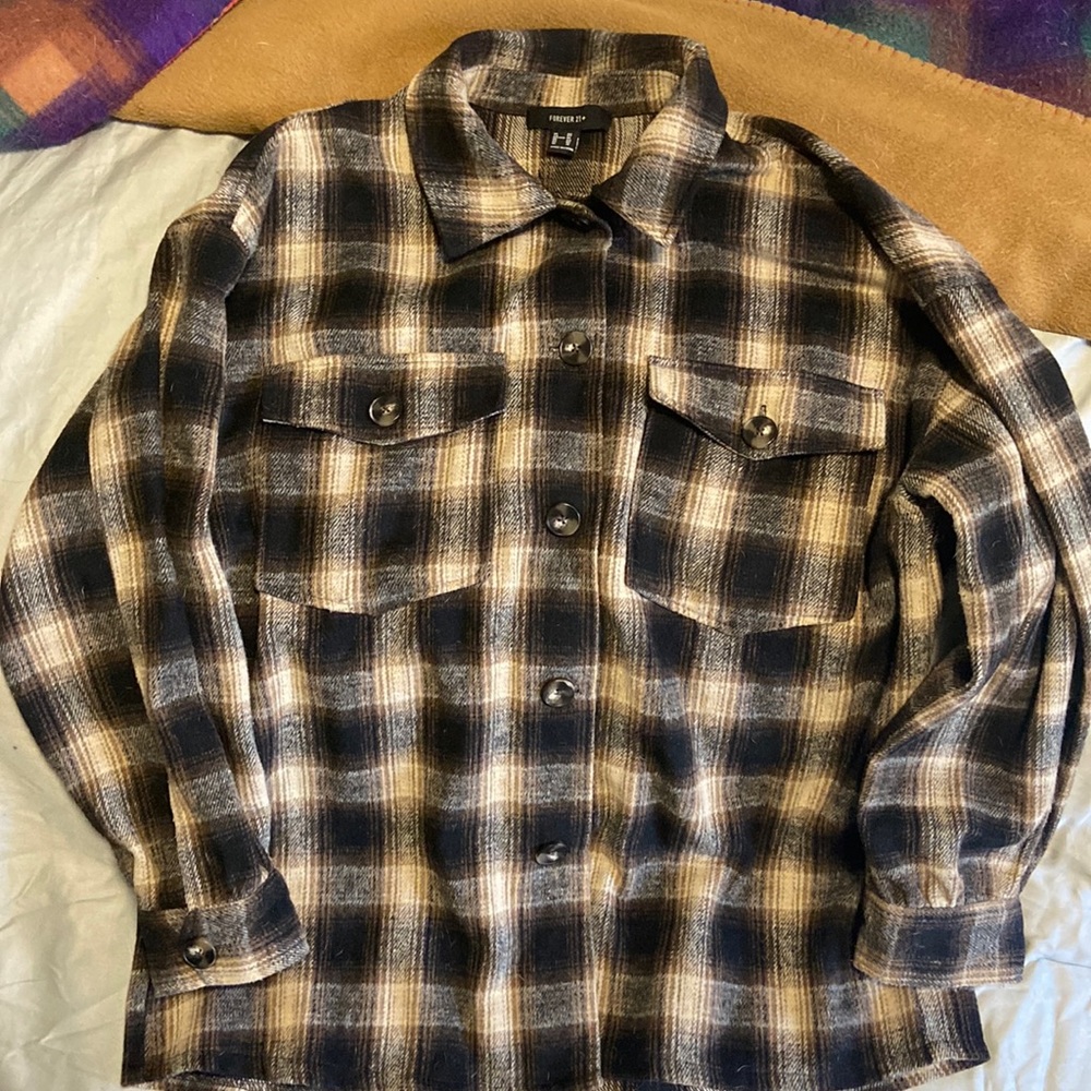 F21 Navy/Tan Plaid Longsleeve Shirt